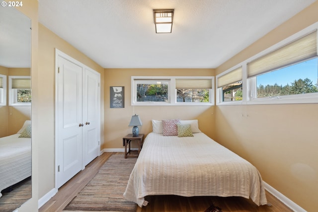 bedroom with wood-type flooring, a closet, and multiple windows