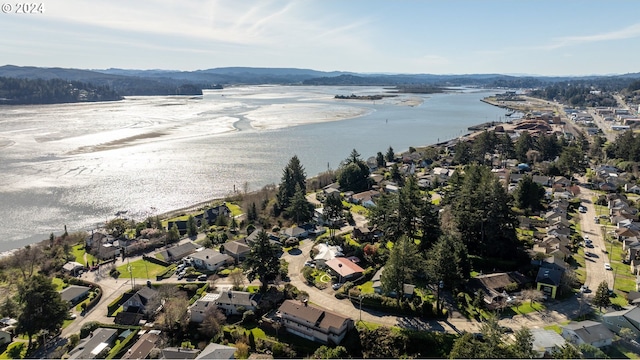 birds eye view of property with a water and mountain view