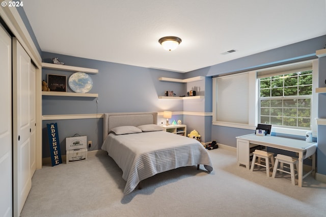 carpeted bedroom with a closet