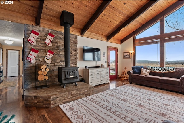 living room with beam ceiling, a wood stove, high vaulted ceiling, wood ceiling, and hardwood / wood-style flooring