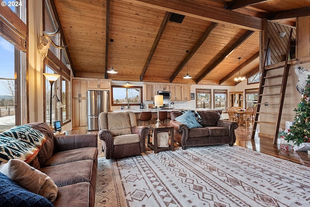 living room with beam ceiling, sink, high vaulted ceiling, wood ceiling, and light wood-type flooring