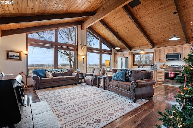 living room with high vaulted ceiling, sink, dark hardwood / wood-style floors, beamed ceiling, and wood ceiling