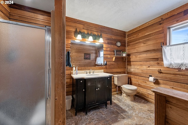 bathroom with wood walls, vanity, and toilet