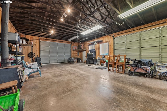 garage with wood walls