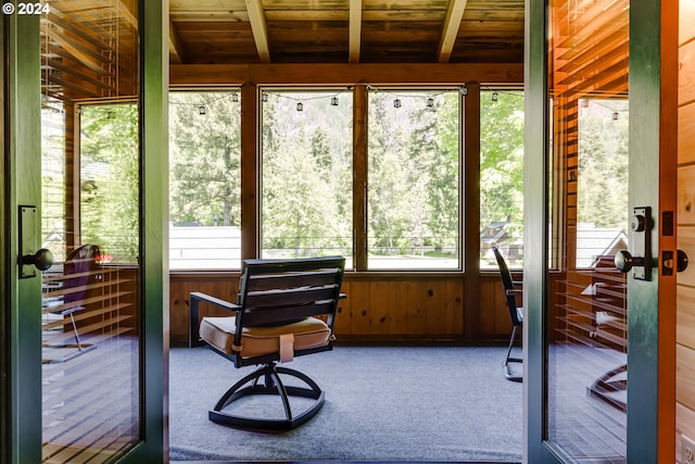56483 Mckenzie Hwy Unit 20, Mckenzie Bridge, OR 97413 - sunroom / solarium with wooden ceiling with exposed beams, carpet floors, and wooden walls