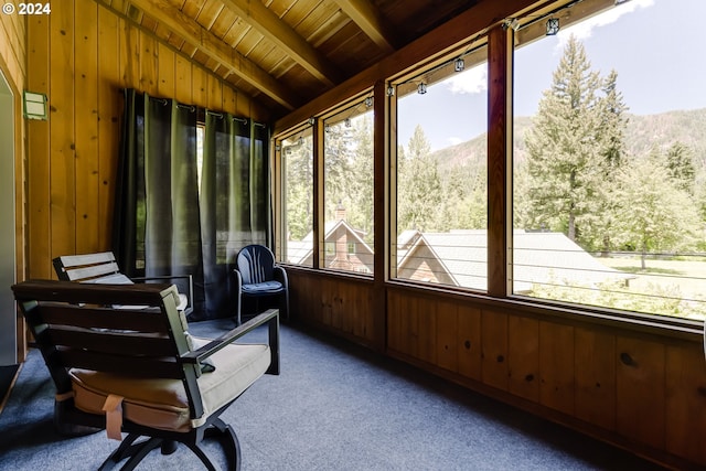56483 Mckenzie Hwy Unit 20, Mckenzie Bridge, OR 97413 - sunroom featuring a mountain view, wood ceiling, wooden walls, and carpet
