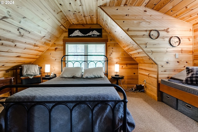 56483 Mckenzie Hwy Unit 20, Mckenzie Bridge, OR 97413 - bedroom featuring carpet flooring, lofted ceiling, wooden walls, and wood ceiling