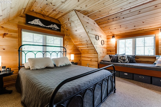 bedroom with light carpet, vaulted ceiling, wooden walls, and wood ceiling