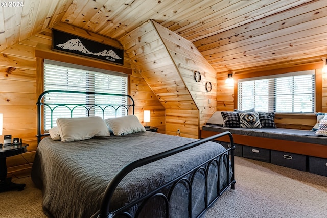 56483 Mckenzie Hwy Unit 20, Mckenzie Bridge, OR 97413 - bedroom featuring vaulted ceiling, wooden ceiling, carpet floors, and wooden walls