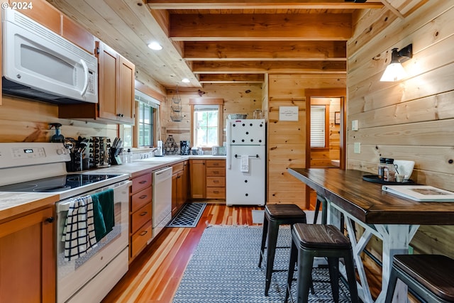 56483 Mckenzie Hwy Unit 20, Mckenzie Bridge, OR 97413 - kitchen with white appliances, light wood finished floors, wooden walls, beamed ceiling, and butcher block counters