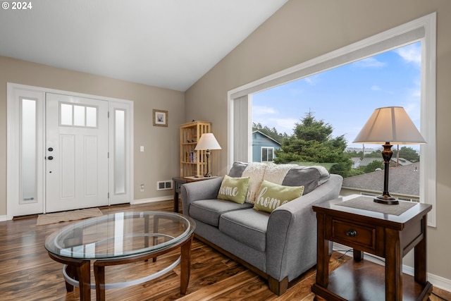 living room with vaulted ceiling, a healthy amount of sunlight, and dark hardwood / wood-style floors