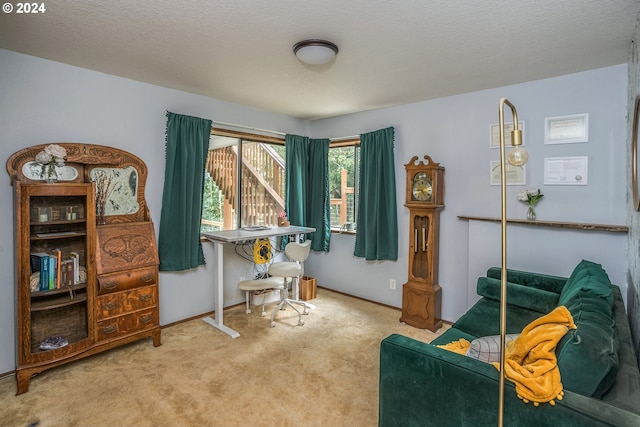 sitting room with a textured ceiling and carpet flooring