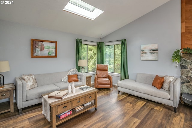 living room with lofted ceiling with skylight and wood finished floors