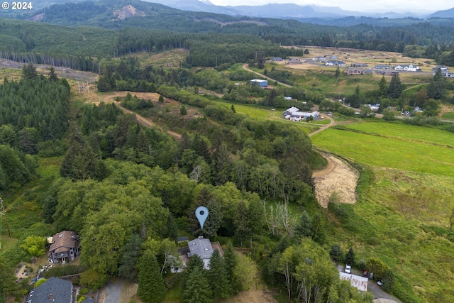 bird's eye view featuring a wooded view and a mountain view