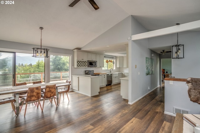 dining space featuring high vaulted ceiling, visible vents, baseboards, a ceiling fan, and dark wood-style floors