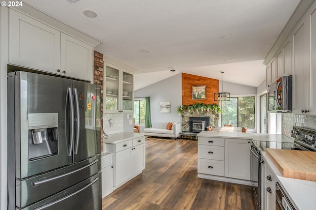 kitchen featuring a peninsula, vaulted ceiling, open floor plan, appliances with stainless steel finishes, and dark wood finished floors