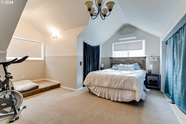 carpeted bedroom featuring vaulted ceiling and a wall mounted air conditioner