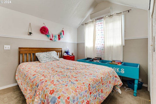 bedroom with carpet, lofted ceiling, and a wall mounted air conditioner