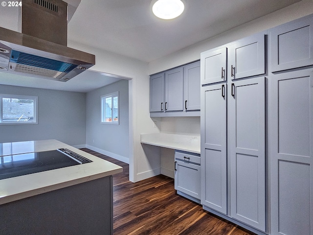 kitchen with gray cabinetry, dark wood-type flooring, and exhaust hood