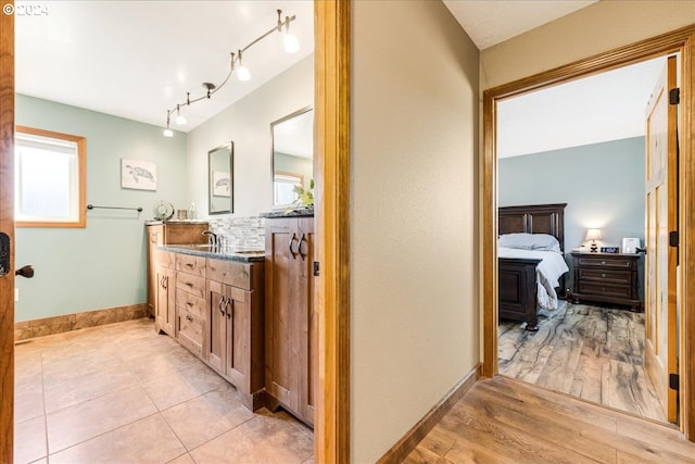 bathroom featuring vanity, hardwood / wood-style floors, and a wealth of natural light