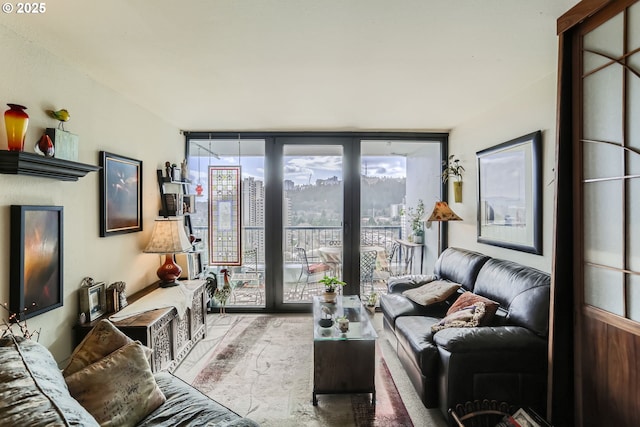 living room featuring floor to ceiling windows, a city view, and wood finished floors