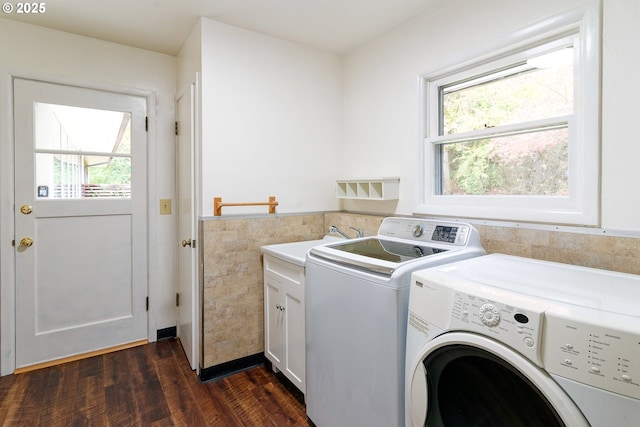 6312 SW Lesser Way, Portland, OR 97219 - laundry area featuring cabinet space, washing machine and clothes dryer, and dark wood finished floors