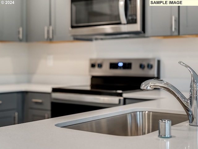 room details with stainless steel appliances, gray cabinetry, and sink