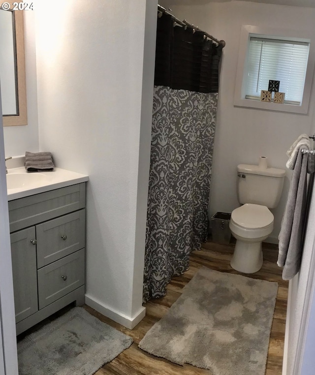 bathroom with vanity, hardwood / wood-style flooring, and toilet