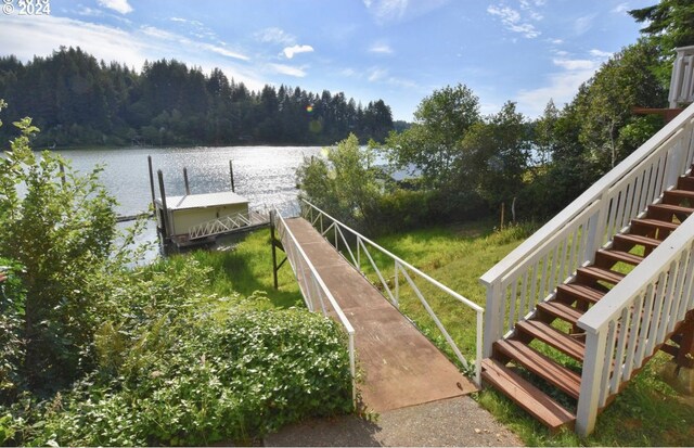 dock area with a water view