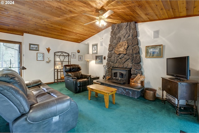 living room with carpet, wooden ceiling, and lofted ceiling