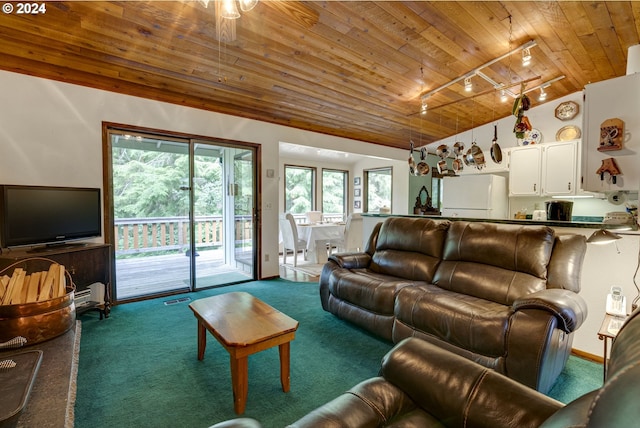 living room featuring carpet floors, track lighting, and wood ceiling