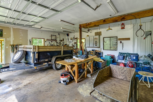 garage with a workshop area