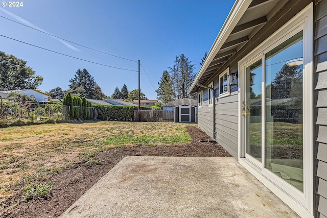 view of yard featuring a patio and a storage unit