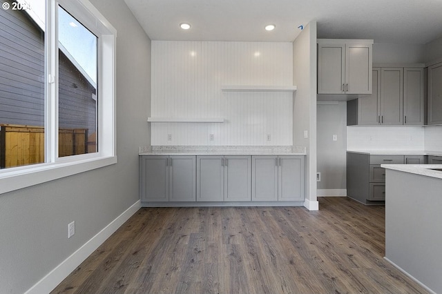 kitchen featuring gray cabinetry, dark hardwood / wood-style flooring, and backsplash