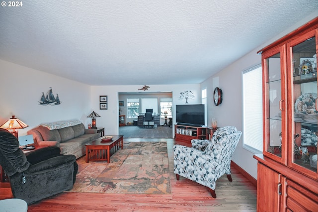 living room with a textured ceiling, wood-type flooring, and a wealth of natural light