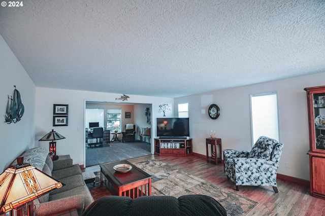 living room with hardwood / wood-style flooring and a textured ceiling