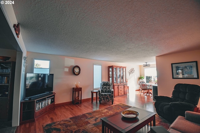 living room with a textured ceiling and hardwood / wood-style flooring