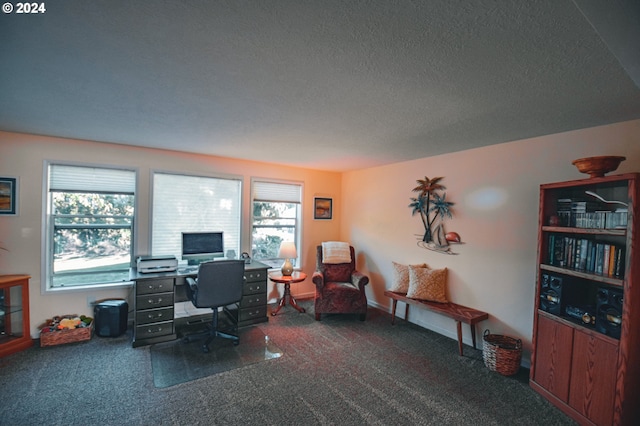 home office with dark carpet, a textured ceiling, and plenty of natural light