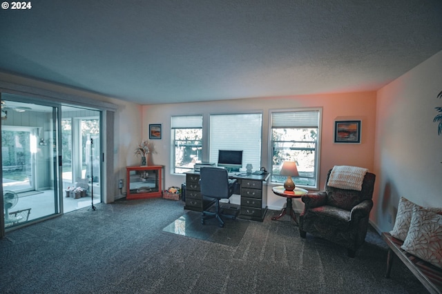 home office with dark carpet and a textured ceiling