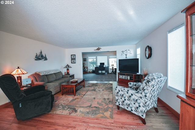 living room with a textured ceiling, hardwood / wood-style floors, and plenty of natural light