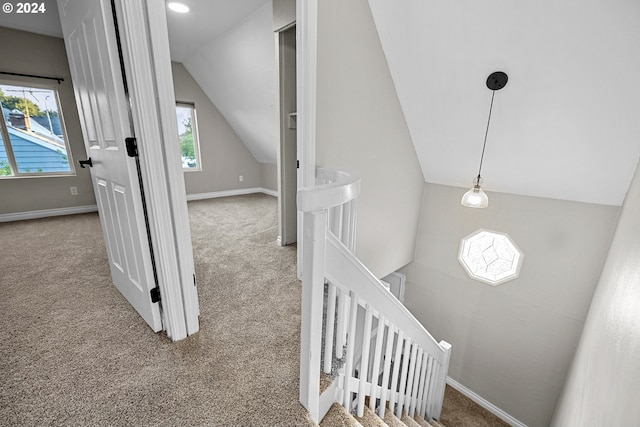 stairway with lofted ceiling, carpet flooring, and a wealth of natural light