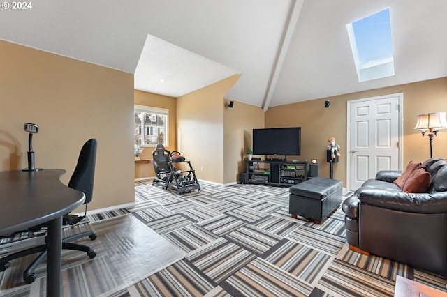 home office featuring light colored carpet and lofted ceiling