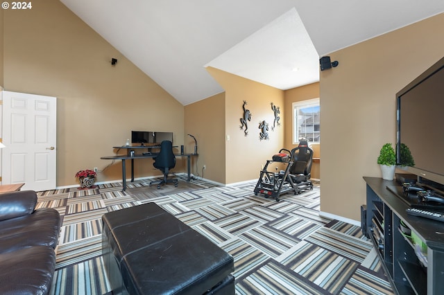 interior space featuring carpet flooring and high vaulted ceiling