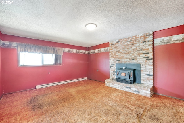 unfurnished living room featuring carpet, a wood stove, a textured ceiling, and baseboard heating