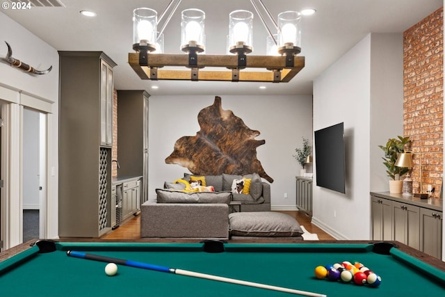 playroom with recessed lighting, pool table, baseboards, and wood finished floors