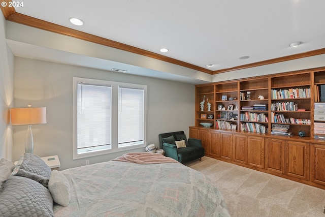 carpeted bedroom with ornamental molding