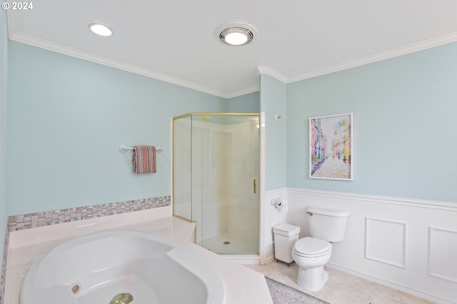 bathroom featuring tile flooring, walk in shower, crown molding, and toilet