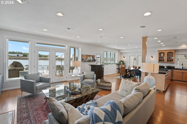 living room with light hardwood / wood-style floors, decorative columns, and a wealth of natural light