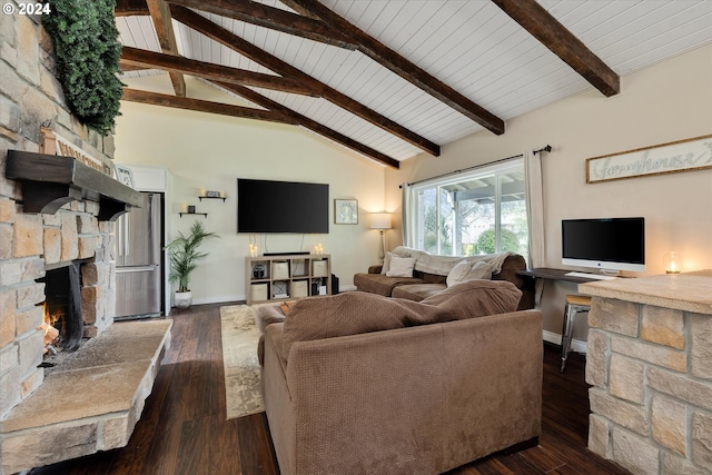 living room with a stone fireplace, high vaulted ceiling, beamed ceiling, and dark hardwood / wood-style floors