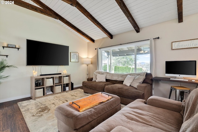 living room featuring dark hardwood / wood-style flooring and lofted ceiling with beams